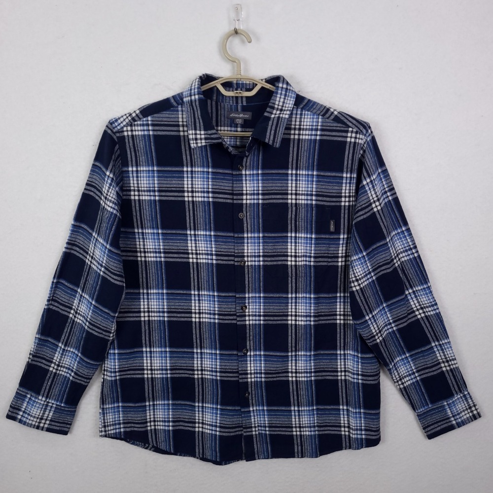 Eddie Bauer Button Up Flannel Shirt Mens XL Blue Plaid Long Sleeve 100% Cotton